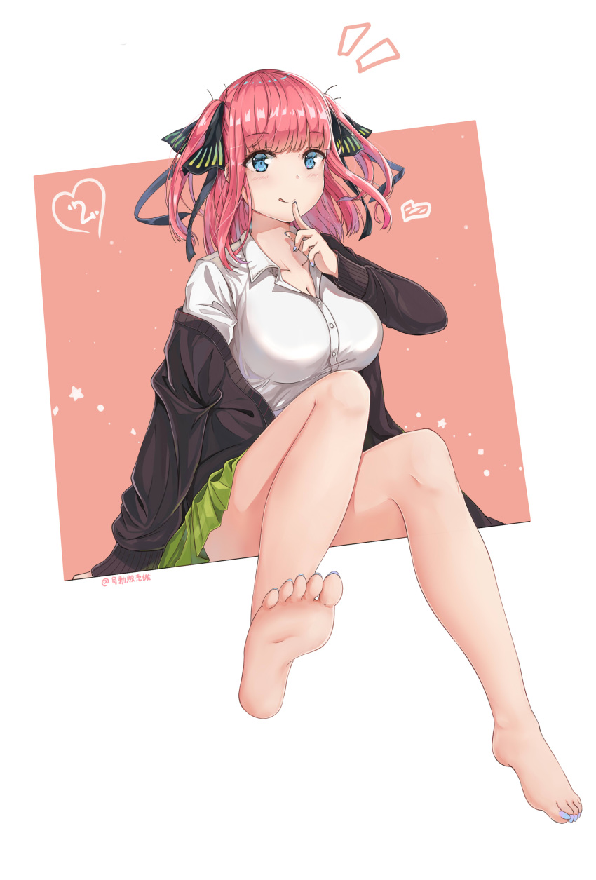 1girl absurdres bangs bare_legs barefoot black_cardigan black_ribbon blue_eyes blunt_bangs blush breasts butterfly_hair_ornament cardigan cleavage collarbone feet finger_to_mouth go-toubun_no_hanayome green_skirt hair_ornament heart highres index_finger_raised large_breasts looking_at_viewer multicolored_nails nail_polish nakano_nino open_cardigan open_clothes pink_hair ribbon shirt simple_background sitting skirt sleeves_past_wrists smile soles solo tented_shirt toenail_polish toenails toes tongue tongue_out twintails white_shirt zarsy
