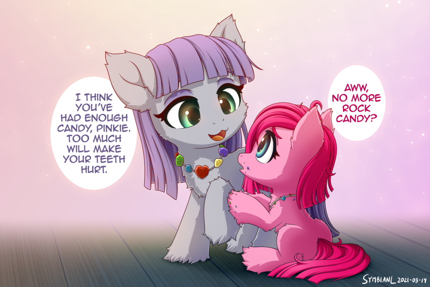 2021 blue_eyes dialogue digital_media_(artwork) duo earth_pony english_text equid equine eye_contact female feral friendship_is_magic hair hasbro hi_res horse jewelry looking_at_another mammal maud_pie_(mlp) my_little_pony necklace open_mouth open_smile pink_hair pinkamena_(mlp) pinkie_pie_(mlp) pony purple_hair sibling sister sisters smile speech_bubble symbianl text young