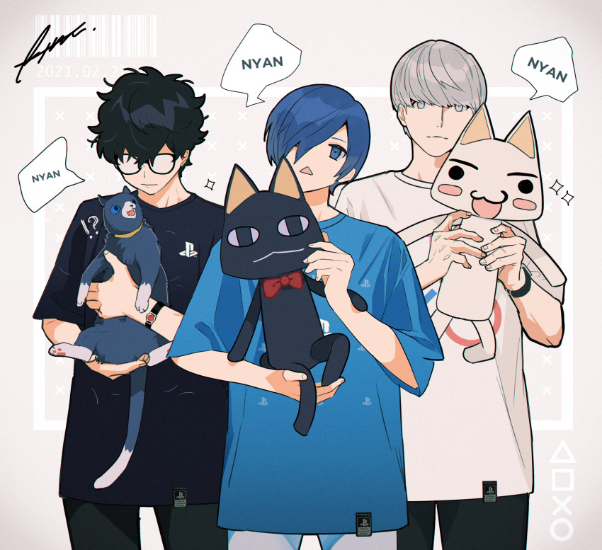 !? 3boys absurdres alternate_costume amamiya_ren animal bangs barcode black_cat black_hair black_shirt blue_eyes blue_hair blue_shirt bow bowtie btmr_game cat cat_day closed_mouth crossover dated doko_demo_issho glasses hair_between_eyes hair_over_one_eye highres holding holding_animal inoue_toro kuro_(doko_demo_issho) male_focus morgana_(persona_5) multiple_boys narukami_yuu opaque_glasses open_mouth pants persona persona_3 persona_4 persona_5 shirt signature silver_eyes silver_hair simple_background sparkle white_shirt yuuki_makoto