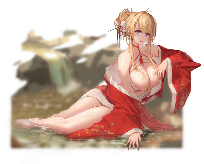 azur_lane glorious_(azur_lane) japanese_clothes nipples no_bra open_shirt see_through tagme wet wet_clothes