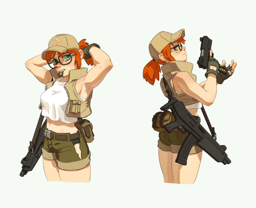 1girl adjusting_hair armpits arms_up ass baseball_cap black-framed_eyewear breasts crop_top crop_top_overhang cropped_legs english_commentary fanny_pack fingerless_gloves fio_germi flat_ass freckles glasses gloves green_eyes green_gloves green_panties green_shorts gun hair_through_headwear hair_tie_in_mouth handgun hat highres holding holding_gun holding_weapon low_ponytail magazine_(weapon) medium_breasts medium_hair metal_slug mouth_hold multiple_views navel orange_hair panties pistol reloading saint_monster shorts side_slit sleeveless standing strap submachine_gun tank_top toned trigger_discipline tying_hair underwear weapon