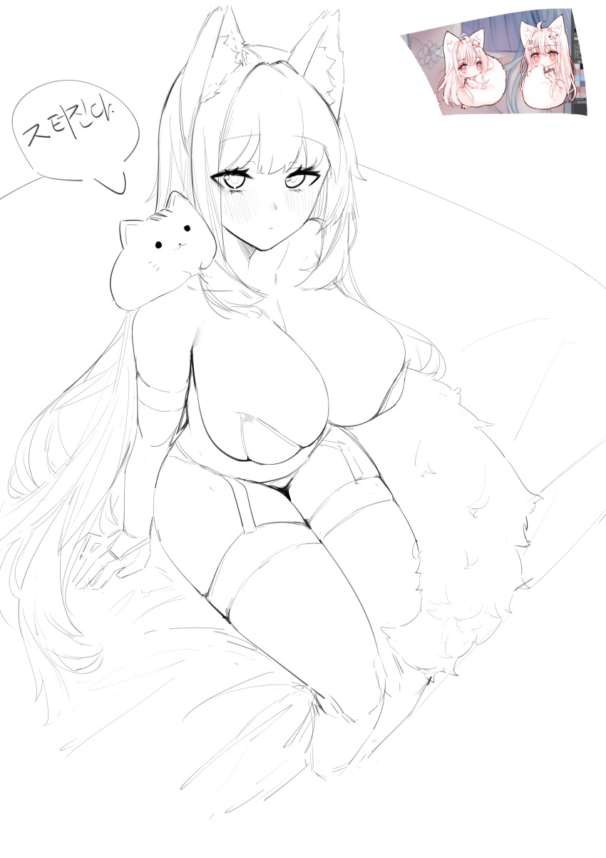 1girl absurdres animal_ear_fluff animal_ears bra breasts bridal_gauntlets cat curvy expressionless eyelashes fox_ears fox_tail from_above garter_straps highres large_breasts lineart long_hair monochrome original panties sitting sogogistew tail thighhighs underwear underwear_only very_long_hair