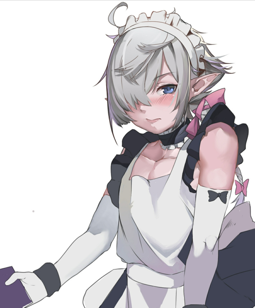 1boy ahoge alphinaud_leveilleur bare_pecs bare_shoulders black_bow black_choker blue_eyes blush bow choker closed_mouth collarbone elbow_gloves elezen elf final_fantasy final_fantasy_xiv frilled_choker frills gloves grey_hair hair_bow hair_over_one_eye highres holding long_hair maid male_focus otoko_no_ko pink_bow pointy_ears sakurami_sumi simple_background skindentation solo white_background white_gloves