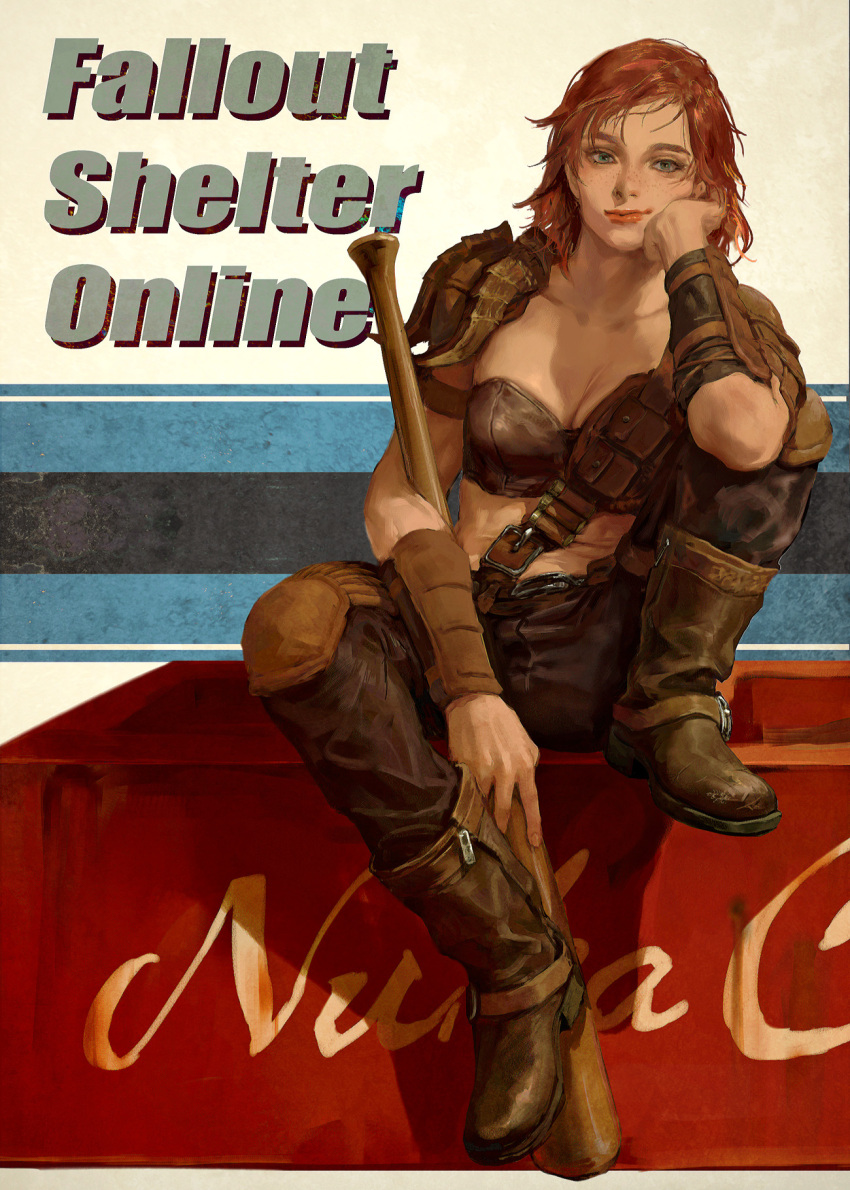 1girl arm_support arm_warmers armor baseball_bat belt boots bra breasts brown_belt brown_footwear brown_hair brown_pants cait_(fallout_4) cleavage closed_mouth collarbone commentary_request copyright_name fallout_(series) fallout_4 fallout_shelter_online fingernails freckles full_body green_eyes highres holding holding_baseball_bat holding_weapon knee_pads leather leather_armor leather_belt leather_boots lips looking_at_viewer midriff pants pouch product_placement short_hair shoulder_armor simple_background sitting soft_men solo underwear weapon zipper_pull_tab