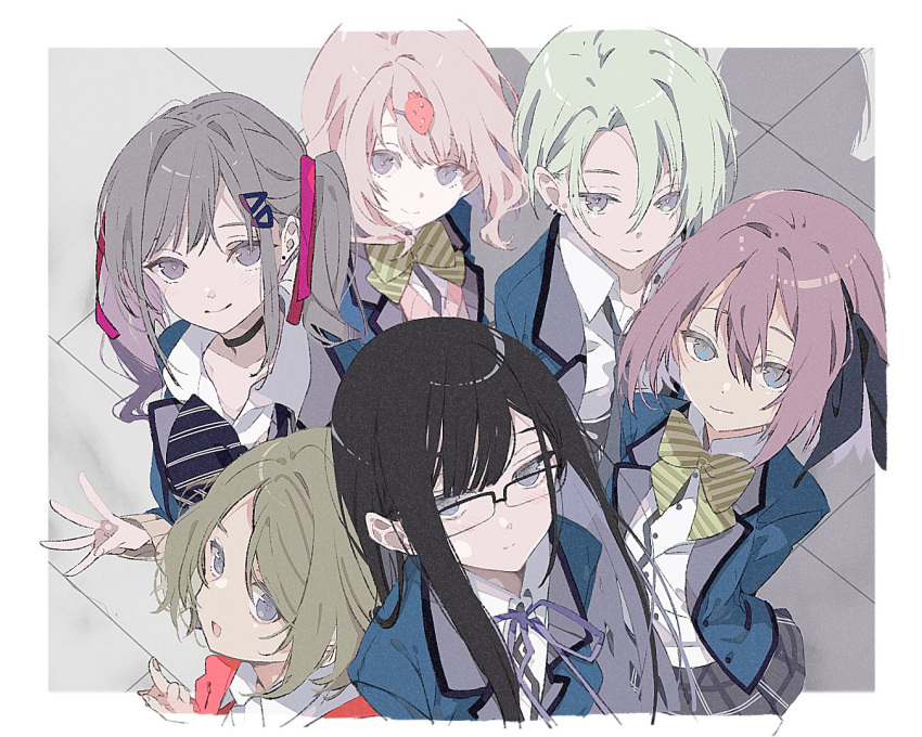 6+girls aoshima_reiko ayashiro_nanano black_bow black_hair black_ribbon blazer blonde_hair blue_eyes blue_jacket bow bowtie brown_hair food_themed_hair_ornament glasses green_bow green_neckwear grey_eyes grey_hair hair_between_eyes hair_ornament hair_ribbon hairclip hoshino_riya iwanaga_shizu jacket long_hair looking_at_viewer mori_ichigo multiple_girls na_ta53 neck_ribbon pink_hair pink_ribbon plaid plaid_skirt pleated_skirt project_cold ribbon sakuma_hikari shadow shirt short_hair skirt smile standing strawberry_hair_ornament striped striped_bow tile_floor tiles twintails upper_body white_shirt