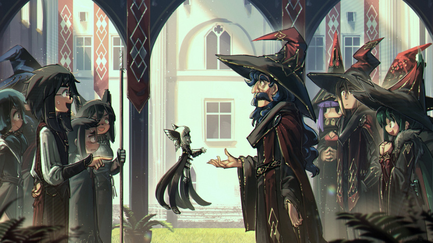 3boys 6+girls animal_ears arch banner black_eyes black_hair black_robe blonde_hair blue_hair building column day facial_hair fairy floating glasses grass green_hair hat head_wings highres long_hair long_sleeves medium_hair minigirl multiple_boys multiple_girls mustache old old_man original pillar plant polearm porforever potted_plant purple_hair standing sweat weapon white_hair wide_shot window witch witch_hat wizard wizard_hat yellow_eyes