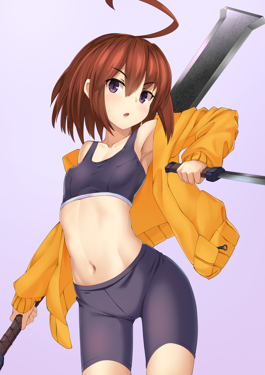 1girl :&lt; absurdres ahoge arched_back armpits bangs bike_shorts black_legwear black_sports_bra bob_cut breasts brown_hair collarbone combat_knife commentary cowboy_shot dual_wielding furrowed_eyebrows gradient gradient_background hair_between_eyes highres holding holding_weapon huge_weapon jacket knife linne looking_at_viewer midriff navel off_shoulder open_mouth purple_background purple_eyes short_hair shorts small_breasts solo sports_bra sword thigh_gap under_night_in-birth weapon yamachi_(xadp7533) yellow_jacket