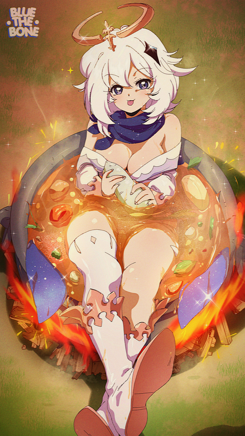 1980s_(style) 1girl :3 artist_name bangs blue_eyes blue_scarf bluethebone boots breasts campfire commentary cooking crossed_legs english_commentary fire food from_above genshin_impact grass hair_ornament halo highres holding holding_food in_container in_food in_pot large_breasts looking_at_viewer medium_hair older outdoors paimon_(genshin_impact) pot retro_artstyle scarf solo thigh_boots thighhighs tongue tongue_out white_footwear white_hair