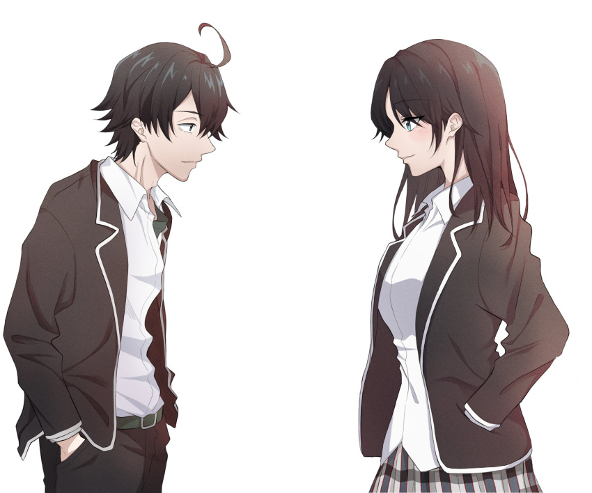 1boy 1girl ahoge bangs belt black_background black_neckwear blazer blue_eyes check_commentary collared_shirt commentary commentary_request hands_in_pockets highres hikigaya_hachiman hiratsuka_shizuka jacket lightpicture33 long_hair looking_at_another necktie open_blazer open_clothes open_jacket plaid plaid_skirt school_uniform shirt short_hair skirt smile sobu_high_school_uniform student teacher vest white_background white_shirt yahari_ore_no_seishun_lovecome_wa_machigatteiru. younger