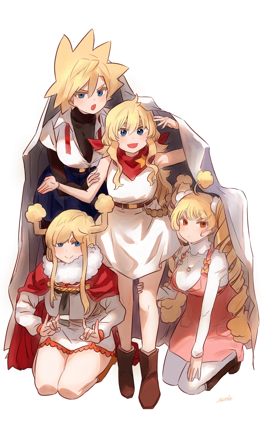 4girls :d absurdres ahoge bandana belt black_neckwear black_shirt blanket blonde_hair blue_eyes boots breasts brown_belt brown_footwear cape closed_mouth double_fox_shadow_puppet dress drill_hair fox_shadow_puppet hair_horns highres jewelry kneeling large_breasts long_hair long_sleeves looking_at_viewer mofu_mofuko_(ryusei_hashida) multiple_girls necklace necktie open_mouth original pink_dress red_cape red_eyes ryusei_hashida shirt short_hair simple_background smile twin_drills white_background white_dress