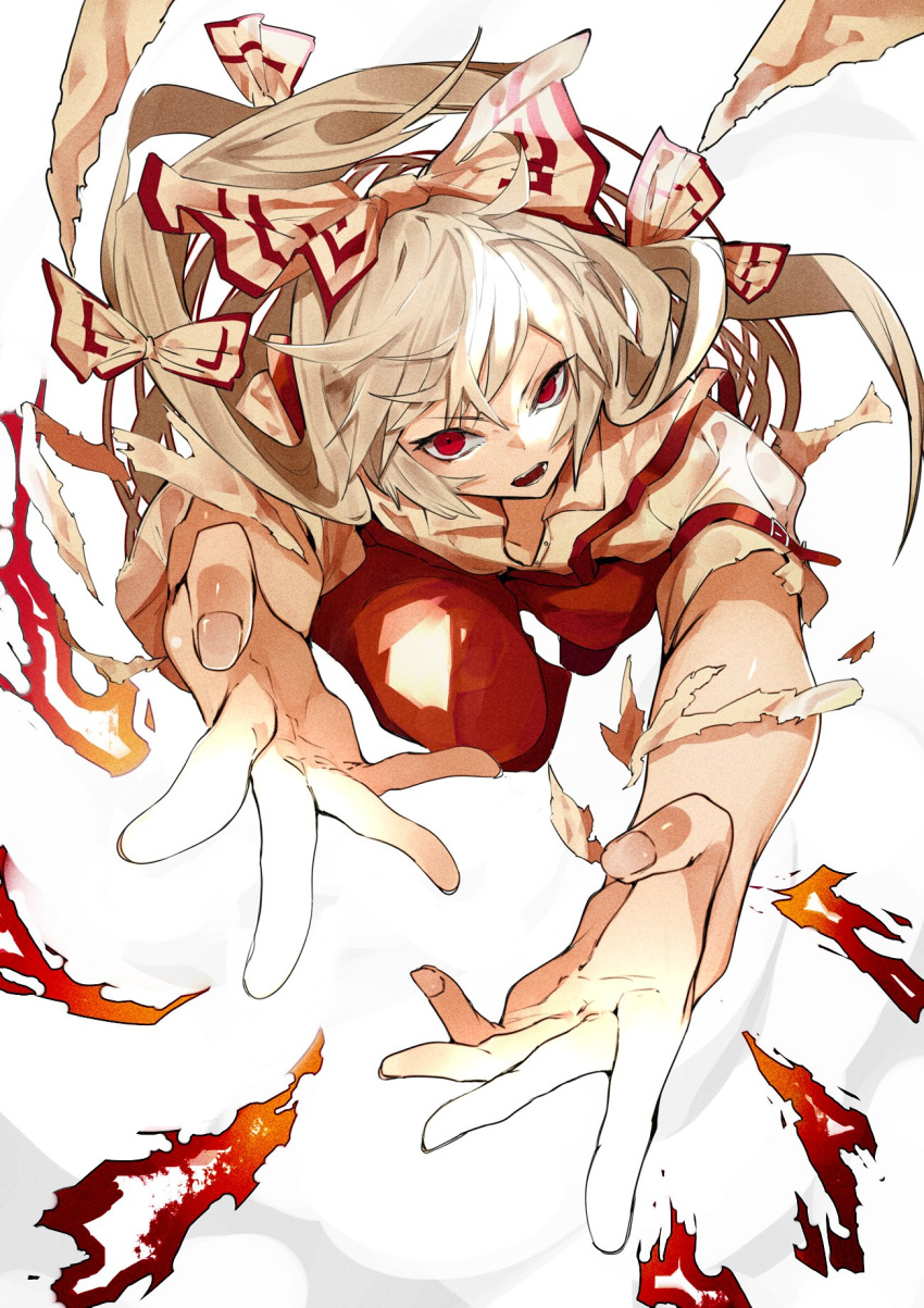 1girl bangs bow burnt fingernails flat_chest foreshortening fujiwara_no_mokou hair_between_eyes hair_bow highres ikurauni knee_up long_hair looking_at_viewer ofuda open_mouth pants red_eyes red_pants serious shirt silver_hair simple_background solo suspenders swept_bangs touhou v-shaped_eyebrows very_long_hair white_background white_bow white_shirt