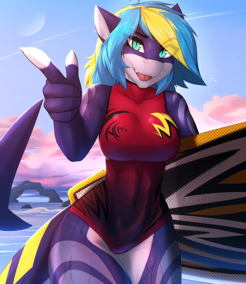2021 absurd_res anthro blonde_hair blue_hair breasts day detailed_background digital_media_(artwork) female fish hair hi_res marine non-mammal_breasts open_mouth outside shark sky smile solo teeth tongue xaenyth