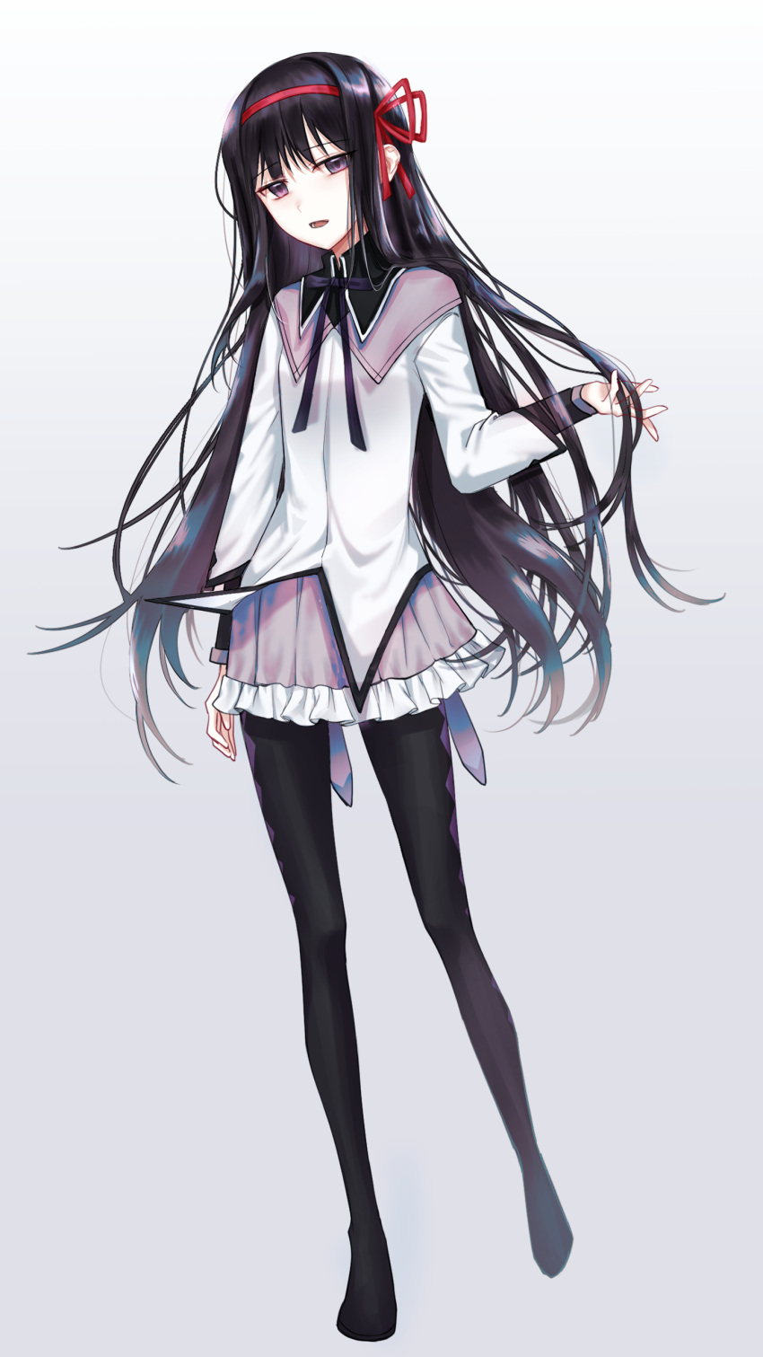 1girl absurdres akemi_homura bangs black_hair black_legwear black_ribbon collared_shirt dress_shirt floating_hair full_body grey_background hair_between_eyes hair_ribbon hairband highres homurahara_academy_uniform long_hair long_sleeves looking_at_viewer mahou_shoujo_madoka_magica miniskirt neck_ribbon open_mouth pantyhose pleated_skirt purple_eyes purple_sailor_collar purple_skirt red_hairband red_ribbon ribbon sailor_collar sailor_shirt shiny shiny_hair shirt skirt solo very_long_hair white_shirt yeon6432