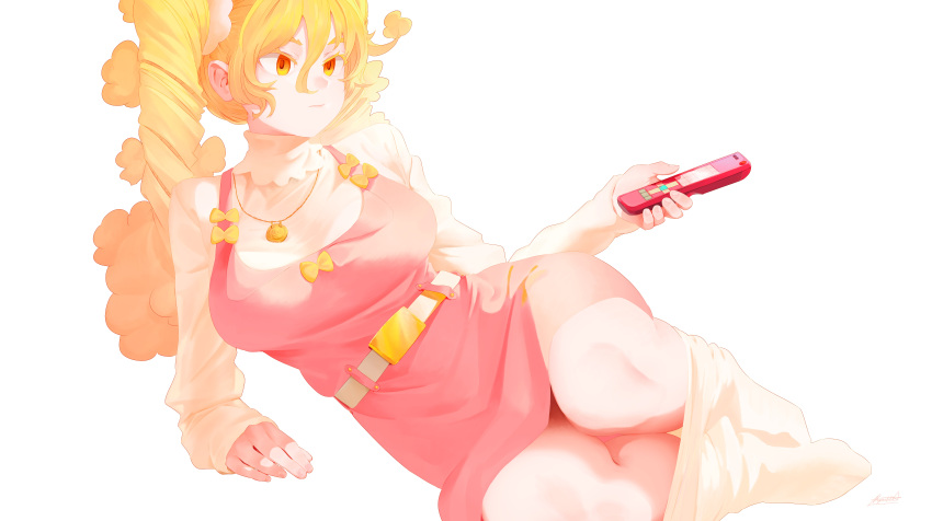 1girl absurdres arm_support belt blonde_hair breasts closed_mouth dress fingernails hair_between_eyes highres holding holding_remote_control large_breasts long_hair lying mofu_mofuko_(ryusei_hashida) on_side orange_eyes original pantyhose pantyhose_pull pink_dress ryusei_hashida short_dress signature simple_background solo twintails white_background white_belt white_legwear