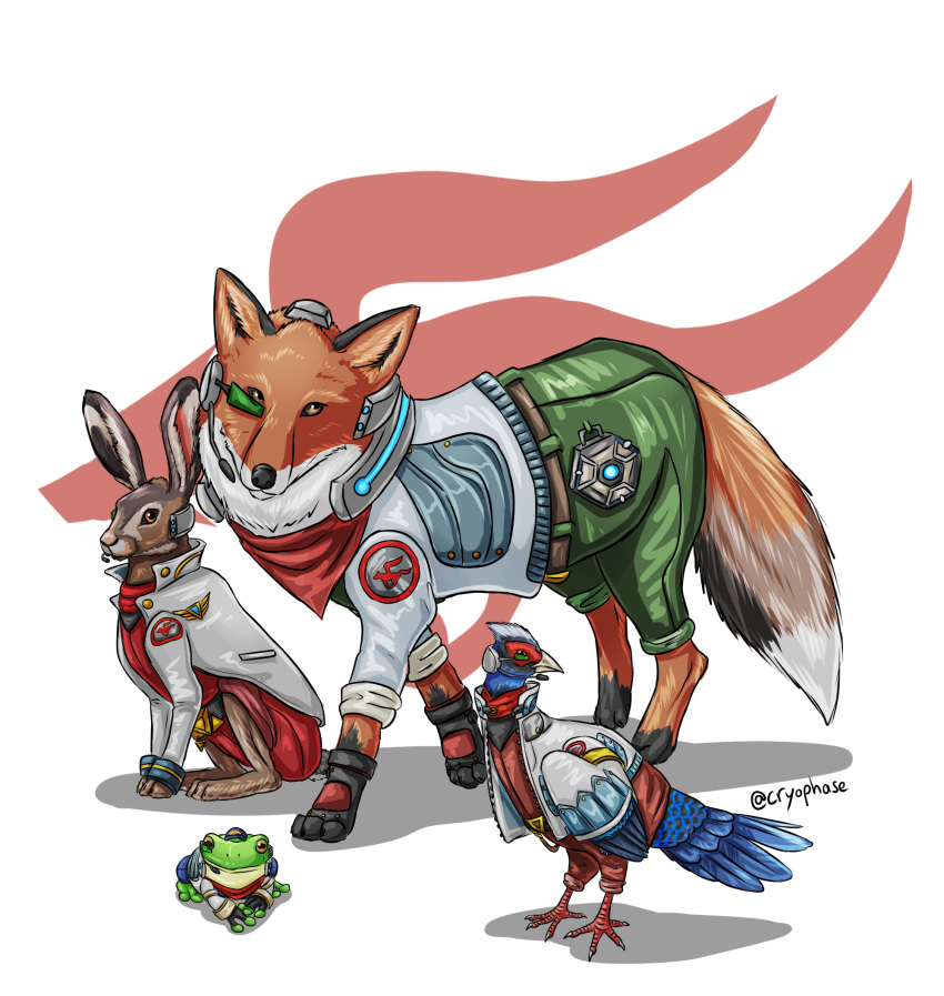 2019 amphibian avian bird canid canine clothed clothed_feral clothing common_pheasant cryophase digital_media_(artwork) falco_lombardi feral feralized fox fox_mccloud frog galliform group hi_res lagomorph leporid logo male mammal nintendo peppy_hare phasianid phasianus rabbit shadow signature simple_background slippy_toad star_fox video_games white_background