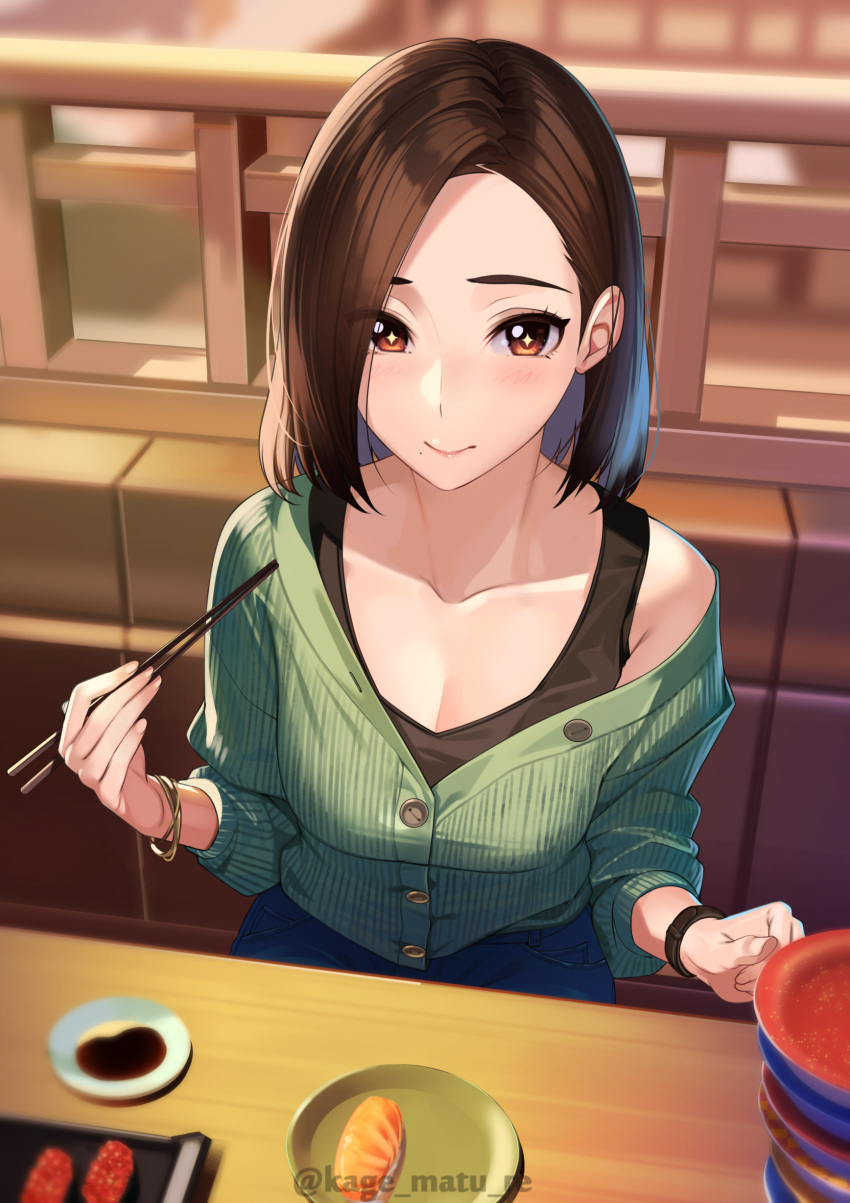 1girl absurdres bangs bare_shoulders blush bracelet breasts brown_eyes brown_hair buttons chopsticks cleavage collarbone food forehead green_shirt highres jewelry kagematsuri large_breasts long_sleeves looking_at_viewer mole mole_under_mouth off-shoulder_shirt off_shoulder original parted_bangs plate pov_across_table shirt smile sparkling_eyes