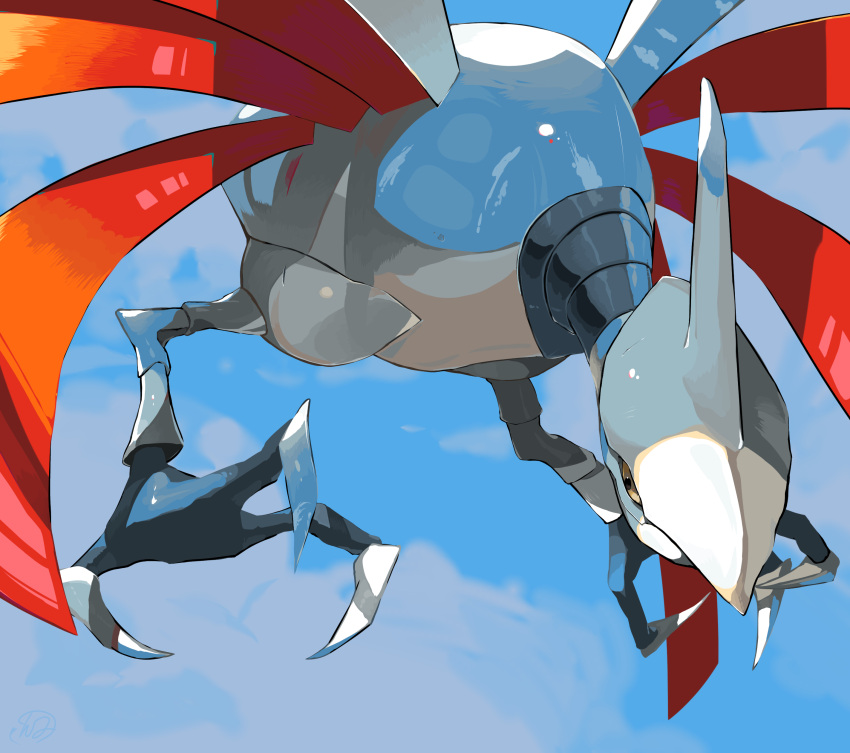 absurdres closed_mouth commentary_request day from_below gen_2_pokemon highres no_humans outdoors pokemon pokemon_(creature) shiny skarmory sky solo talons yuyu_ekaki_dayo