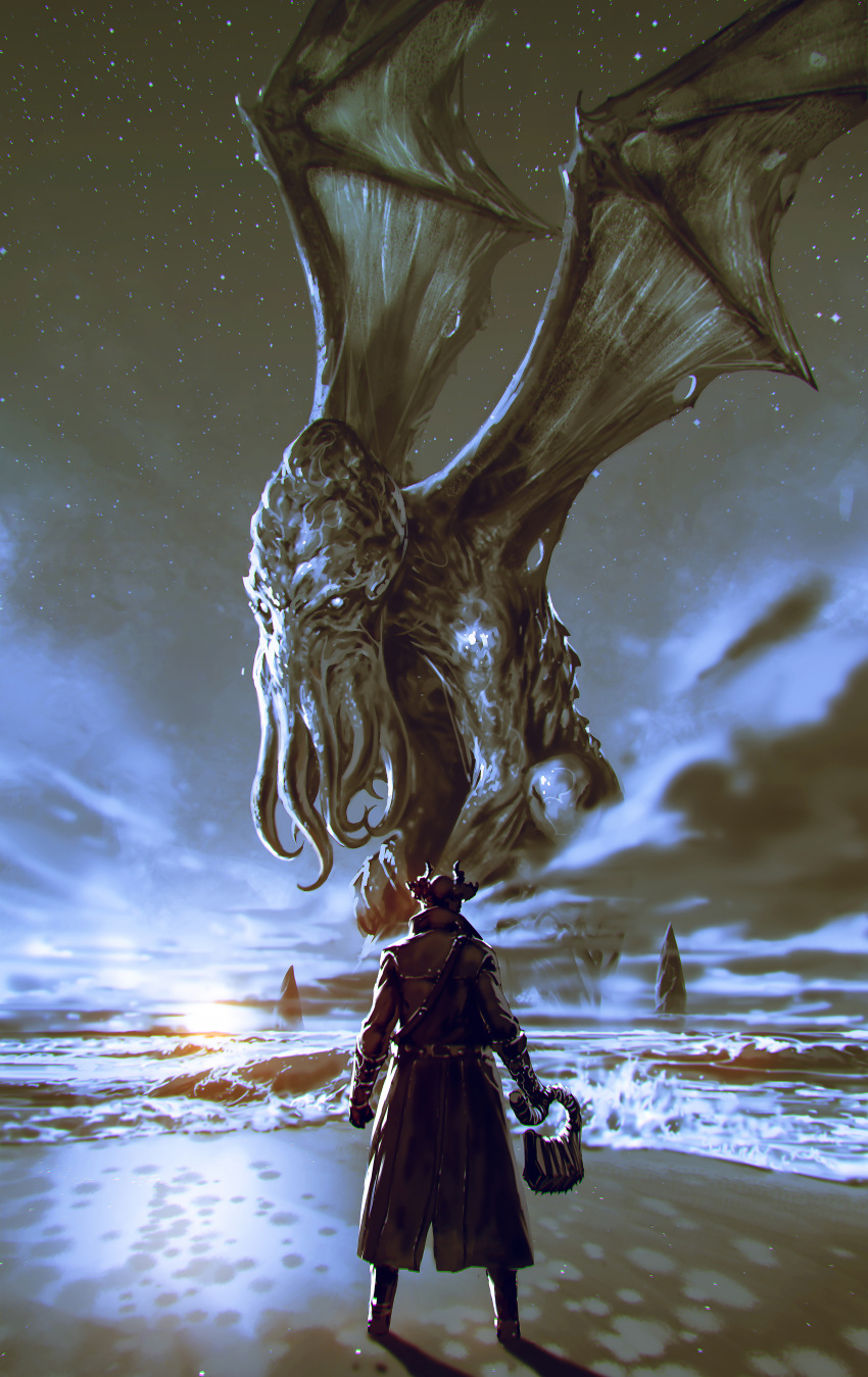 1other absurdres ambiguous_gender beach bloodborne brown_coat brown_headwear coat commentary crossover cthulhu cthulhu_mythos english_commentary facing_away from_behind full_body giant hat highres holding holding_weapon hunter_(bloodborne) kalmahul looking_at_another night night_sky ocean saw_cleaver sky standing star_(sky) starry_sky sunset tentacles tricorne weapon wings