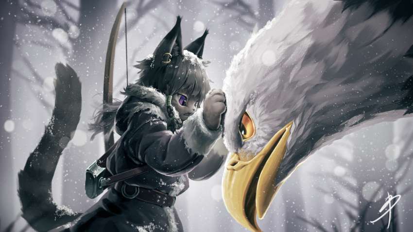 absurd_res accipitrid accipitriform ambiguous_gender anthro avian bald_eagle beak belt bird blaedic bow_(weapon) clothing coat duo eagle ear_piercing ear_ring feathers felid feline feral fur grey_body grey_fur grey_hair hair handpaw hi_res inner_ear_fluff kemono larger_feral looking_at_another lynx mammal open_mouth paws piercing plant purple_eyes quiver ranged_weapon sea_eagle shaded signature size_difference smaller_anthro snow snowing striped_body striped_fur stripes topwear tree tuft weapon white_body white_feathers yellow_eyes