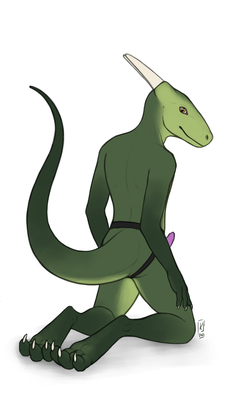 2021 3_toes absurd_res anthro butt claws countershading digital_drawing_(artwork) digital_media_(artwork) digitigrade dildo dragon feet goofle green_body green_scales hi_res horn kneeling looking_at_viewer male nude pink_dildo scales scalie sex_toy simple_background solo strapon toes yellow_eyes
