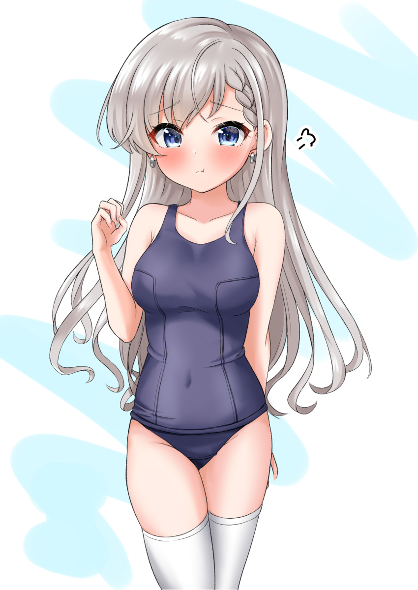 1girl :t =3 bangs bare_arms bare_shoulders blue_background blue_eyes blue_swimsuit blush braid braided_bangs breasts closed_mouth collarbone covered_navel earrings eyebrows_visible_through_hair grey_hair hand_up highres hisakawa_hayate idolmaster idolmaster_cinderella_girls idolmaster_cinderella_girls_starlight_stage jewelry long_hair looking_at_viewer medium_breasts mitsumine_raimu old_school_swimsuit one-piece_swimsuit pout school_swimsuit solo swimsuit thighhighs two-tone_background very_long_hair white_background white_legwear