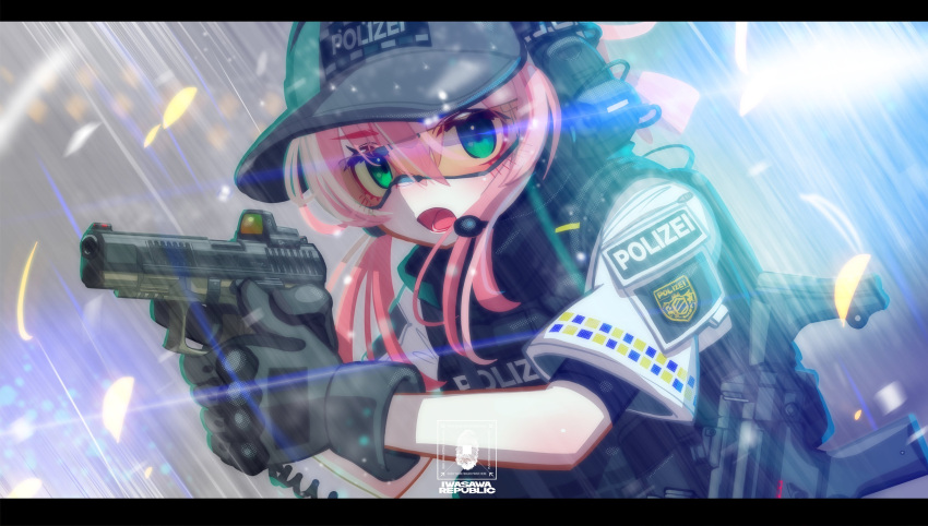 abstract_background absurdres bangs black_vest bulletproof_vest commentary_request germany gloves goggles green_eyes grey_gloves grey_headwear gun h&amp;k_mp5 hair_between_eyes handgun hat headphones highres holding holding_gun holding_weapon iwasawayuki long_hair looking_at_viewer microphone open_mouth original pink_hair pistol police police_uniform rain scope short_sleeves sidelocks submachine_gun uniform upper_body vest weapon weapon_request