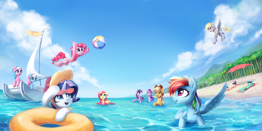 2018 aloe_(mlp) applejack_(mlp) ball beach blonde_hair blue_eyes boat bonbon_(mlp) clothing cloud day derpy_hooves_(mlp) earth_pony equid equine eyewear feathered_wings feathers female feral fluttershy_(mlp) flying friendship_is_magic green_eyes group hair hasbro hat headgear headwear hi_res horn horse inowiseei long_hair lotus_(mlp) lyra_heartstrings_(mlp) mammal multicolored_hair my_little_pony open_mouth open_smile outside partially_submerged pegasus pink_hair pinkie_pie_(mlp) pony purple_eyes purple_hair rainbow_dash_(mlp) rarity_(mlp) sand seaside signature smile starlight_glimmer_(mlp) sunglasses swim_ring twilight_sparkle_(mlp) umbrella unicorn vehicle water watercraft winged_unicorn wings yellow_eyes