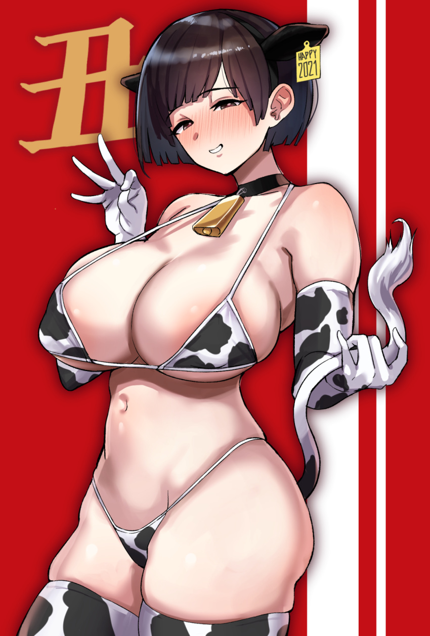 1girl 2021 animal_ears animal_print bell bikini blush breasts brown_eyes brown_hair c-kyuu chinese_zodiac cleavage collar commentary_request cow_ears cow_girl cow_print cow_tail cowbell ear_tag elbow_gloves gloves grin halter_top halterneck highres large_breasts looking_at_viewer money_gesture navel neck_bell nose_blush original print_bikini print_gloves print_legwear red_background short_hair smile standing strap_gap swimsuit tail thighhighs translation_request underboob year_of_the_ox