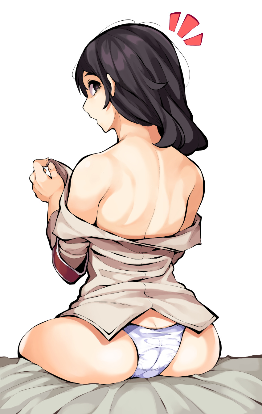 1girl absurdres ass bare_back bare_shoulders black_eyes brown_eyes butt_crack commentary_request from_behind gongtak highres long_hair looking_at_viewer looking_back panties pieck shingeki_no_kyojin simple_background sitting solo surprised underwear undressing uniform white_background white_panties