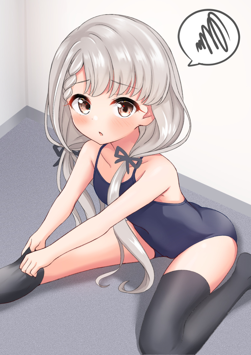 1girl bangs bare_arms bare_shoulders black_legwear black_ribbon black_swimsuit blush braid braided_bangs brown_eyes collarbone eyebrows_visible_through_hair grey_hair hair_over_shoulder hair_ribbon highres hisakawa_nagi idolmaster idolmaster_cinderella_girls idolmaster_cinderella_girls_starlight_stage indoors leaning_forward long_hair looking_at_viewer low_twintails mitsumine_raimu no_shoes on_floor one-piece_swimsuit parted_lips ribbon school_swimsuit solo spoken_squiggle squiggle swimsuit thighhighs thighhighs_pull twintails very_long_hair