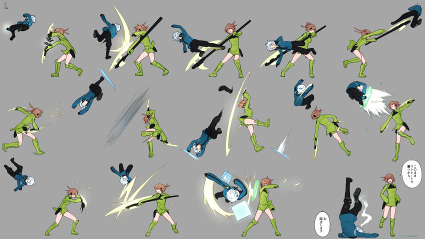 1boy 1girl albino amputee arms_up attack axe battle black_pants blocking blue_jacket bob_cut brown_hair clash covered_eyes dodging dual_wielding duel faceplant facing_away futabaaf gloves grasshopper_(world_trigger) green_footwear green_gloves green_shorts grey_background hair_flaps hair_over_eyes hair_over_one_eye headphones highres holding holding_axe holding_weapon jacket jumping konami_kirie kuga_yuuma legs_apart long_sleeves midair multiple_views o3o one_eye_covered outstretched_arm pants red_eyes scabbard severed_limb sheath shield short_hair shorts simple_background slashing smoke speech_bubble standing translation_request two-handed uniform upside-down weapon white_hair world_trigger