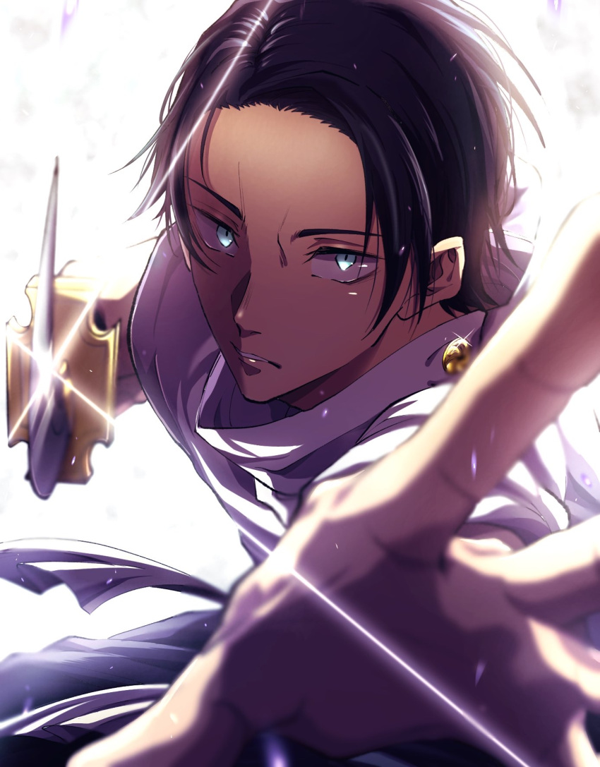 1boy black_hair blue_eyes closed_mouth fighting_stance high_collar highres holding holding_sword holding_weapon incoming_attack jacket jujutsu_kaisen katana looking_at_viewer male_focus okkotsu_yuuta open_hand reaching_out short_hair solo sparkle sword tsurime upper_body weapon white_background white_jacket yuka_(pixiv38407039)