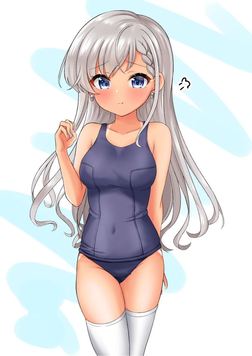 1girl :t =3 bangs bare_arms bare_shoulders blue_background blue_eyes blue_swimsuit blush braid braided_bangs breasts closed_mouth collarbone covered_navel earrings eyebrows_visible_through_hair grey_hair hand_up highres hisakawa_hayate idolmaster idolmaster_cinderella_girls idolmaster_cinderella_girls_starlight_stage jewelry long_hair looking_at_viewer medium_breasts mitsumine_raimu old_school_swimsuit one-piece_swimsuit pout school_swimsuit solo swimsuit tan tanline thighhighs two-tone_background very_long_hair white_background white_legwear