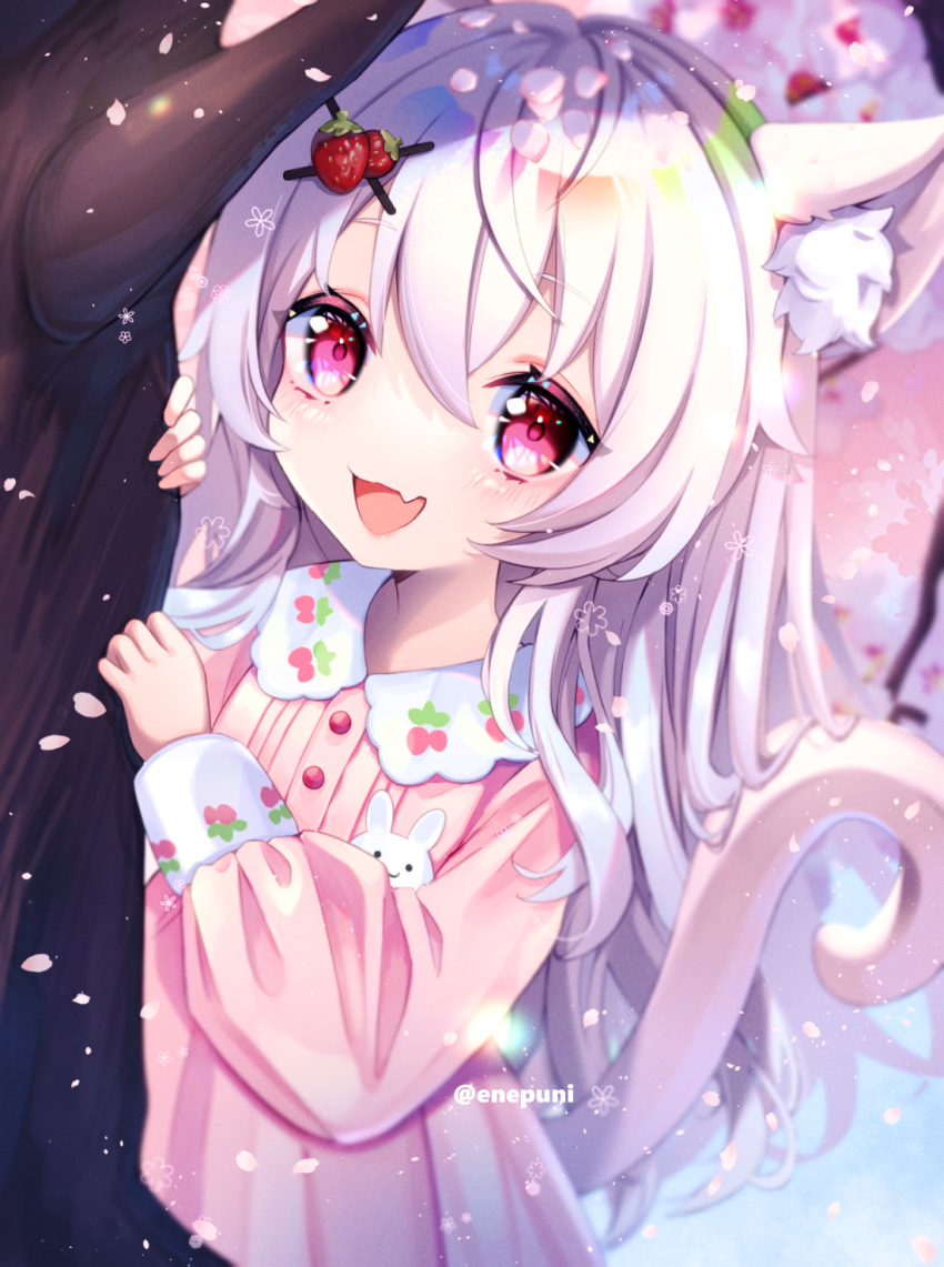 1girl :d animal_ear_fluff animal_ears artist_name bangs blurry cat_ears cherry_blossoms commission depth_of_field dress eneru_(enepuni) fang food food_themed_hair_ornament fruit hair_between_eyes hair_ornament highres indie_virtual_youtuber long_hair looking_at_viewer lottichu open_mouth petals pink_dress pink_eyes skeb_commission smile strawberry strawberry_hair_ornament tail tree twitter_username virtual_youtuber white_hair