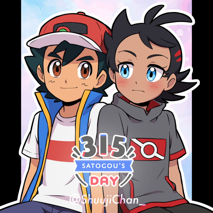 2boys antenna_hair artist_name ash_ketchum bangs baseball_cap black_hair black_pants blue_eyes blue_jacket blush brown_eyes closed_mouth commentary eyelashes goh_(pokemon) grey_shirt hair_between_eyes hat jacket male_focus multiple_boys number pants pokemon pokemon_(anime) pokemon_swsh_(anime) sara_bonetti shirt short_sleeves sleeveless sleeveless_jacket smile t-shirt watermark white_shirt