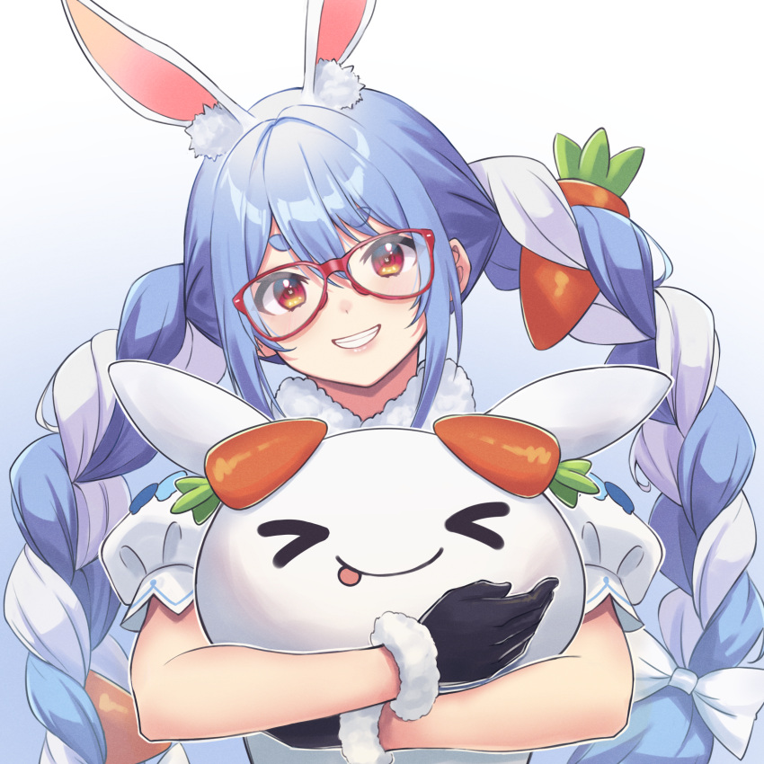 1girl absurdres animal_ear_fluff animal_ears bangs black_gloves blue_hair braid bunny bunny-shaped_pupils bunny_ears carrot_hair_ornament creature english_commentary food_themed_hair_ornament fur-trimmed_gloves fur_scarf fur_trim glasses gloves grin gudanco_(nyanmeowzer) hair_between_eyes hair_ornament highres hikimayu hololive hug multicolored_hair nousagi_(usada_pekora) orange_eyes puffy_short_sleeves puffy_sleeves red-framed_eyewear short_eyebrows short_sleeves smile swept_bangs twin_braids twintails two-tone_hair upper_body usada_pekora v-shaped_eyebrows virtual_youtuber white_hair