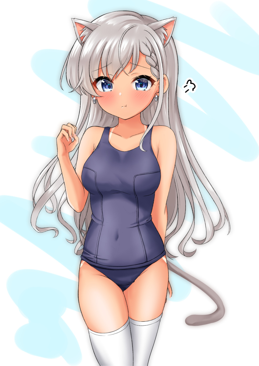 1girl :t =3 animal_ear_fluff animal_ears bangs bare_arms bare_shoulders blue_background blue_eyes blue_swimsuit blush braid braided_bangs breasts cat_ears cat_girl cat_tail closed_mouth collarbone commentary_request covered_navel earrings eyebrows_visible_through_hair grey_hair hand_up highres hisakawa_hayate idolmaster idolmaster_cinderella_girls idolmaster_cinderella_girls_starlight_stage jewelry kemonomimi_mode long_hair looking_at_viewer medium_breasts mitsumine_raimu old_school_swimsuit one-piece_swimsuit pout school_swimsuit solo swimsuit tail tan tanline thighhighs two-tone_background very_long_hair white_background white_legwear