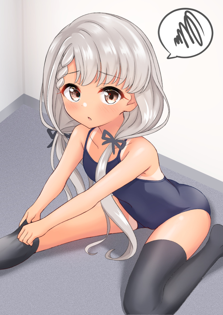 1girl bangs bare_arms bare_shoulders black_legwear black_ribbon black_swimsuit blush braid braided_bangs brown_eyes collarbone commentary_request eyebrows_visible_through_hair grey_hair hair_over_shoulder hair_ribbon highres hisakawa_nagi idolmaster idolmaster_cinderella_girls idolmaster_cinderella_girls_starlight_stage indoors leaning_forward long_hair looking_at_viewer low_twintails mitsumine_raimu no_shoes on_floor one-piece_swimsuit parted_lips ribbon school_swimsuit solo spoken_squiggle squiggle swimsuit tan tanline thighhighs thighhighs_pull twintails very_long_hair