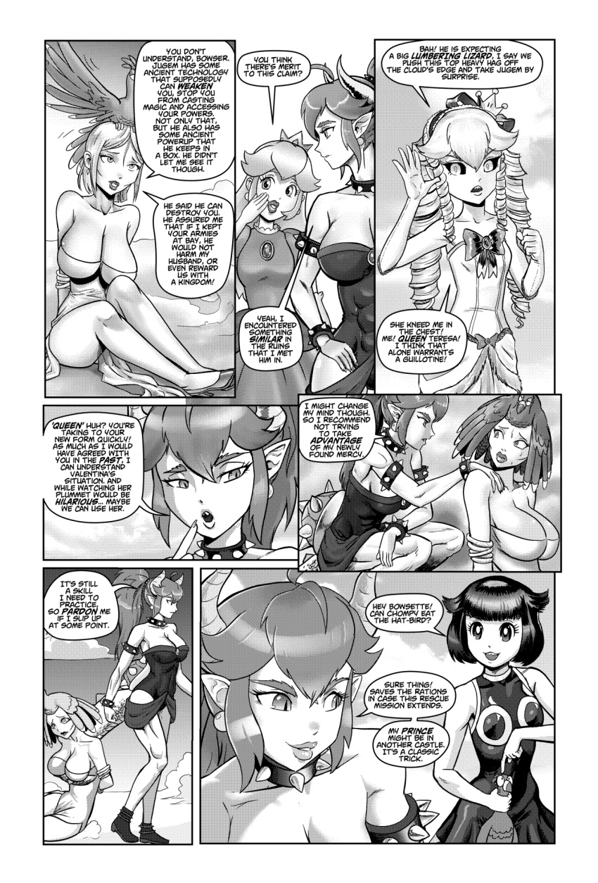 animal_humanoid black_and_white bowser bowsette_meme bracelet chompy_(pencils) clothing collar comic crown dialogue dragon dragon_humanoid dress english_text female group hair hi_res horn human humanoid invalid_tag jewelry king_boo luigi's_mansion mammal mario_bros meme monochrome nintendo pencils_(artist) queen_valentina shell spiked_bracelet spiked_collar spiked_tail spikes spikes_(anatomy) spirit super_crown super_mario_rpg_legend_of_the_seven_stars text video_games wounded