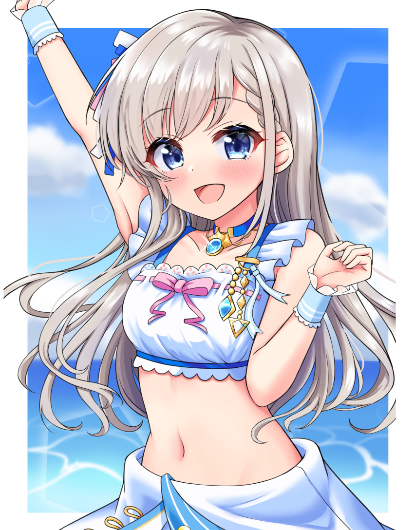 1girl :d absurdres arm_up armpits bangs bare_shoulders blue_choker blue_eyes blurry blurry_background blush bow braid braided_bangs breasts brooch choker collarbone commentary crop_top day depth_of_field eyebrows_visible_through_hair glint go_to_paradise_(idolmaster) grey_hair highres hisakawa_hayate idolmaster idolmaster_cinderella_girls idolmaster_cinderella_girls_starlight_stage jewelry long_hair looking_at_viewer medium_breasts mitsumine_raimu navel open_mouth pink_bow ribbon_trim skirt smile solo very_long_hair water white_skirt wrist_cuffs