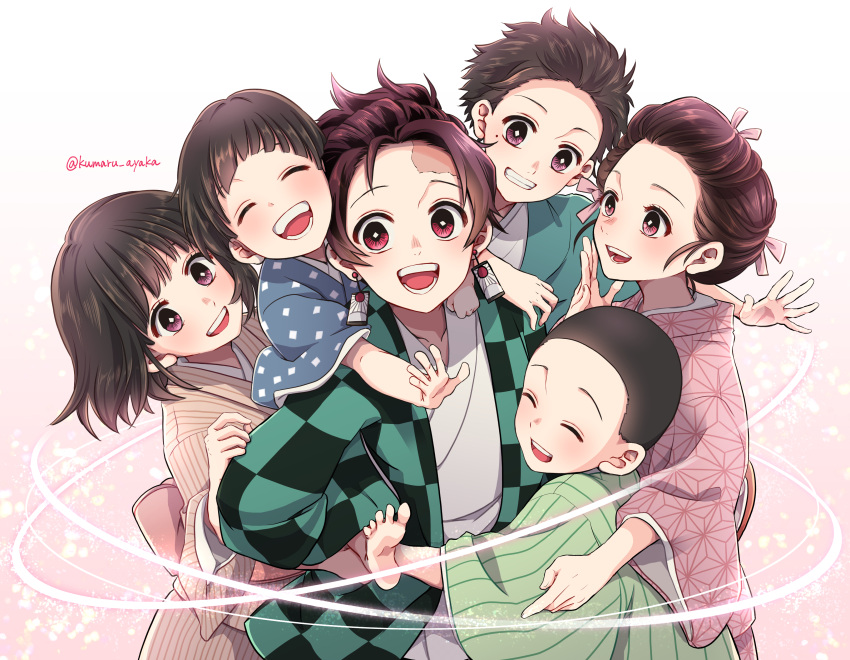 2girls 3boys :d ^_^ absurdres brown_eyes brown_hair carrying closed_eyes earrings grin hair_ribbon hanafuda haori highres hug japanese_clothes jewelry kamado_hanako kamado_nezuko kamado_rokuta kamado_shigeru kamado_takeo kamado_tanjirou kimetsu_no_yaiba kimono kumaru_ayaka mole mole_under_eye multiple_boys multiple_girls open_mouth piggyback ribbon siblings smile twitter_username