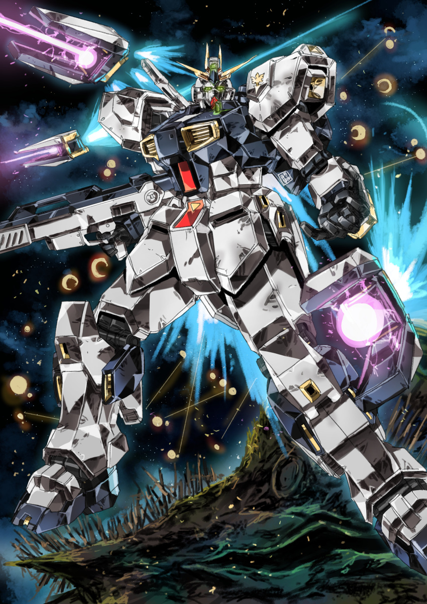absurdres axis_(gundam) char's_counterattack explosion fin_funnels firing floating funnels garimpeiro glowing glowing_eyes green_eyes gun gundam highres holding holding_gun holding_weapon looking_up mecha mobile_suit no_humans nu_gundam open_hand science_fiction solo space v-fin weapon