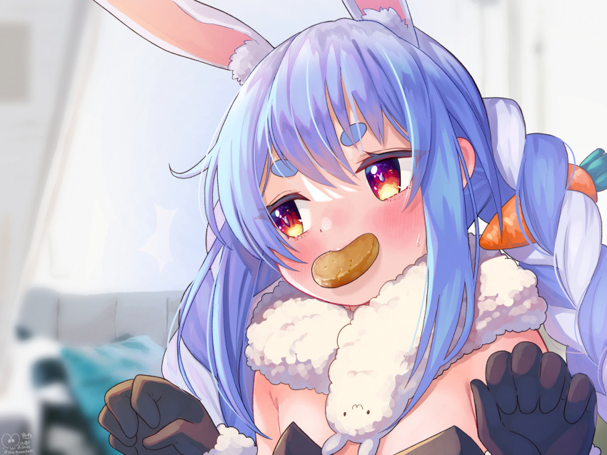 1girl animal_ear_fluff animal_ears bangs black_gloves black_leotard blue_hair blurry blurry_background blush braid bunny-shaped_pupils bunny_ears carrot_hair_ornament closed_mouth depth_of_field don-chan_(usada_pekora) eyebrows_visible_through_hair food_in_mouth food_themed_hair_ornament gloves hair_between_eyes hair_ornament hands_up highres hololive leotard long_hair looking_away looking_to_the_side magowasabi mouth_hold red_eyes short_eyebrows signature strapless strapless_leotard sweat thick_eyebrows twin_braids twintails twitter_username upper_body usada_pekora virtual_youtuber white_hair