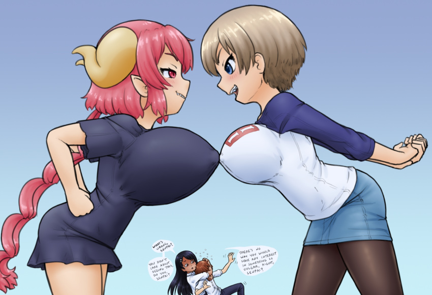 alloyrabbit animal_humanoid big_breasts black_hair blue_eyes bottomwear breasts brown_eyes brown_hair clothing dark_body dark_skin dragon dragon_humanoid erect_nipples grey_hair hachiouji hair hana_uzaki hayase_nagatoro hi_res horn huge_breasts human humanoid humanoid_pointy_ears ijiranaide_nagatoro-san iruru legwear macro mammal miss_kobayashi's_dragon_maid nipple_outline nipples pink_eyes pink_hair shirt skirt stockings text topwear uzaki-chan_wa_asobitai!