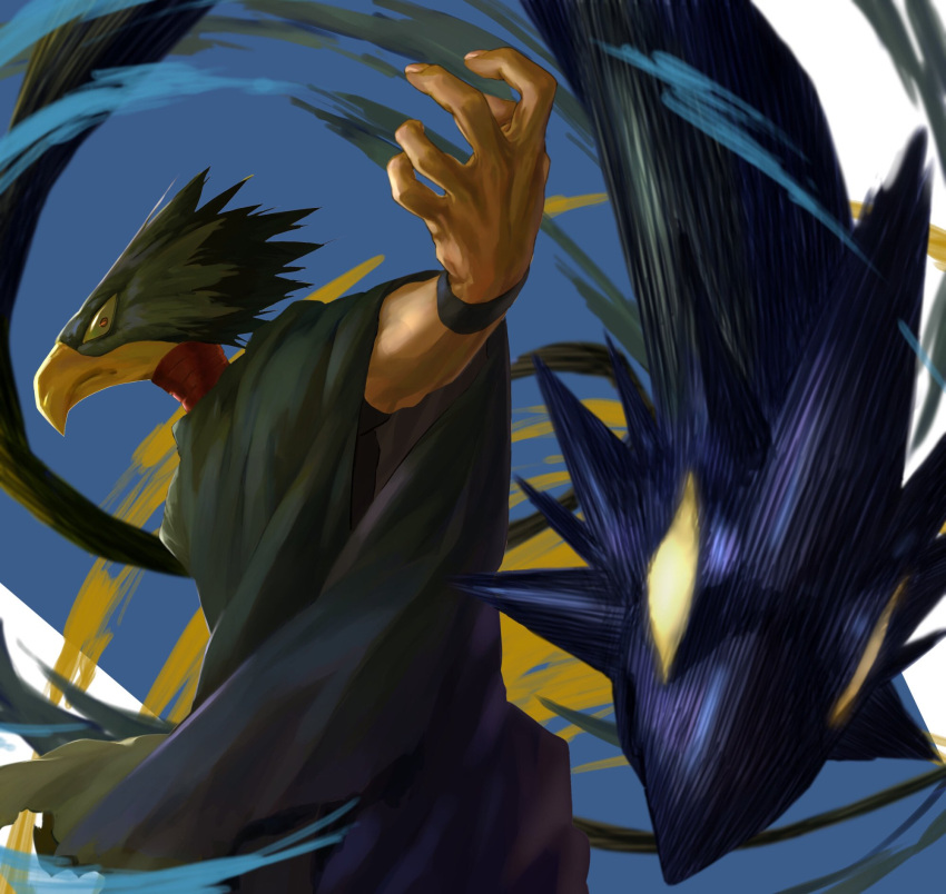 1boy animal_head bird bird_boy black_hair blue_background boku_no_hero_academia bracelet commentary_request fingernails highres jewelry male_focus poncho red_eyes tokoyami_fumikage two-tone_background white_background yomoyama_yotabanashi