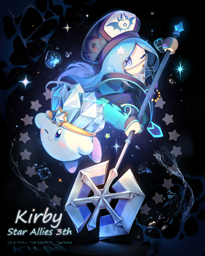 1girl ;d black_background black_dress black_headwear blue_eyes blue_hair copyright_name crystal dress francisca_(kirby) hat heart highres holding holding_weapon kirby kirby:_star_allies kirby_(series) kouyafu long_hair long_sleeves looking_at_viewer one_eye_closed open_mouth smile star_(symbol) very_long_hair weapon wide_sleeves