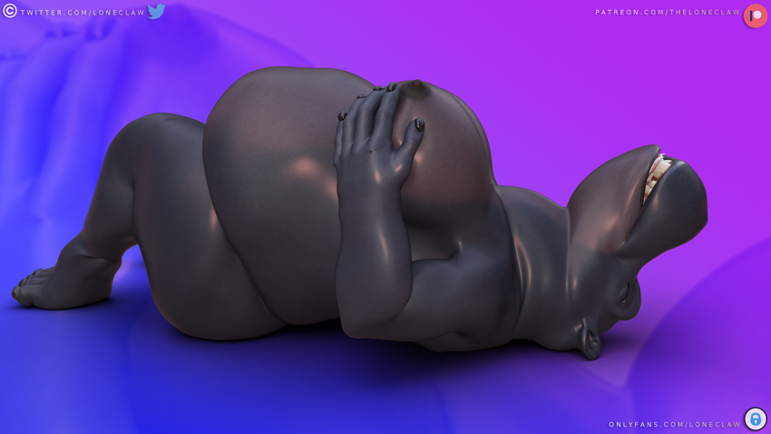 abdominal_bulge anthro belly big_belly big_breasts big_butt breast_grab breasts butt common_hippopotamus daz3d daz_3d daz_studio female hand_on_breast hippopotamid huge_breasts huge_butt huge_thighs hyper hyper_belly jasmine_(loneclaw) laying_on_ground loneclaw lying lying_on_ground mammal on_back smile thick_thighs vore wide_hips