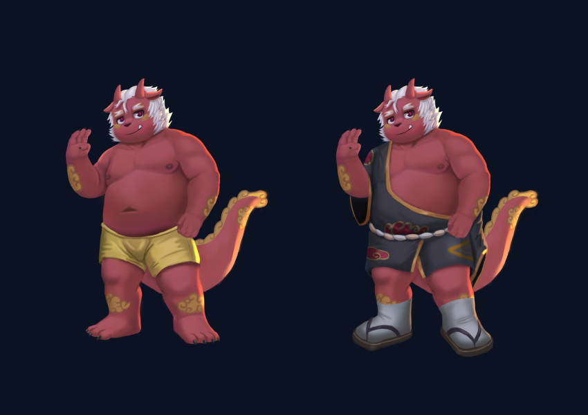 2021 aipangpangdeyua anthro clothing dragon footwear hi_res horn humanoid_hands kemono male overweight overweight_anthro overweight_male red_body sandals solo underwear