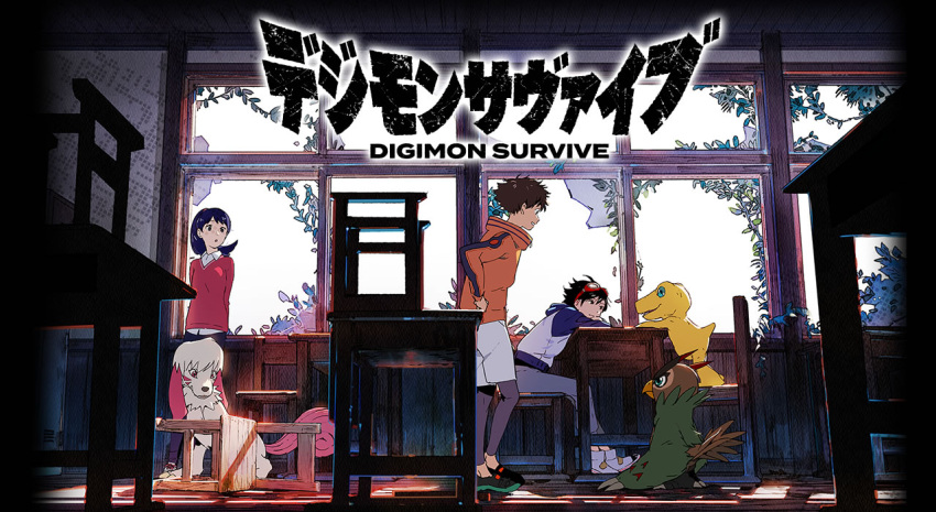 1girl 2boys :o agumon arms_behind_back bird black_eyes black_footwear black_hair black_legwear black_pants black_shirt blue_eyes blue_hair blue_jacket broken_window brown_eyes chair classroom claws collared_shirt creature day desk digimon digimon_(creature) digimon_survive dog facial_mark falcomon feathers fur goggles goggles_on_head green_eyes green_footwear grey_pants grey_shorts hand_on_hip hood hooded_jacket hyuuga_minoru indoors jacket key_visual labramon leggings logo looking_at_another momotsuka_takuma multiple_boys official_art open_mouth orange_jacket pants print_jacket red-framed_eyewear red_eyes red_vest school school_chair school_desk shibuya_aoi shirt shoes shorts sitting smile sneakers spiked_hair standing standing_on_chair sunlight tail teeth tongue ukumo_uichi vest vest_over_shirt white_footwear white_jacket white_shirt zipper_pull_tab