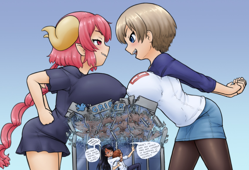 alloyrabbit animal_humanoid big_breasts black_hair blue_eyes bottomwear breasts brown_eyes brown_hair building building_destruction clothing dark_body dark_skin dragon dragon_humanoid erect_nipples grey_hair hachiouji hair hana_uzaki hayase_nagatoro hi_res horn huge_breasts human humanoid humanoid_pointy_ears ijiranaide_nagatoro-san iruru legwear macro mammal miss_kobayashi's_dragon_maid nipple_outline nipples pink_eyes pink_hair shirt skirt stockings text topwear twitter uzaki-chan_wa_asobitai!